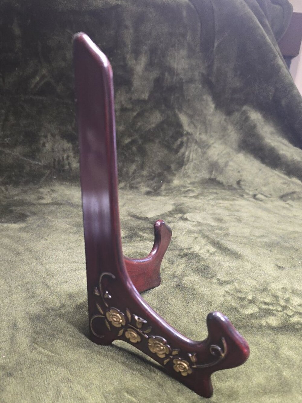 Wooden Folding Display Easel Plate Stand, Mahogany Finish, Gold Rose Design